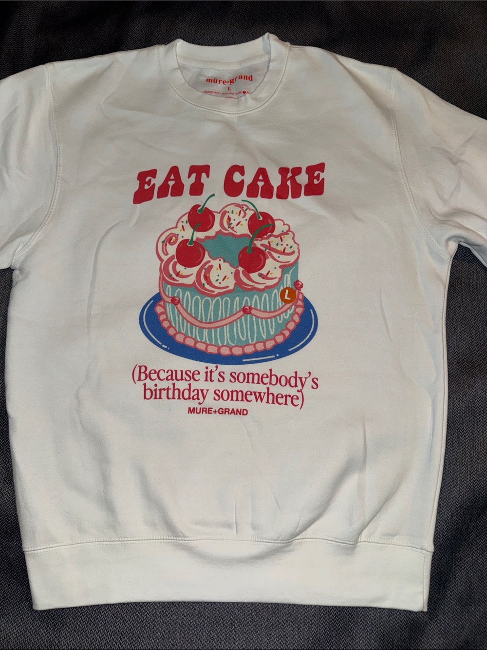Mure+Grand "Eat Cake" Graphic Sweatshirt - White with Red & Blue Cake Print